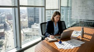 Executive reviewing master data in corner office