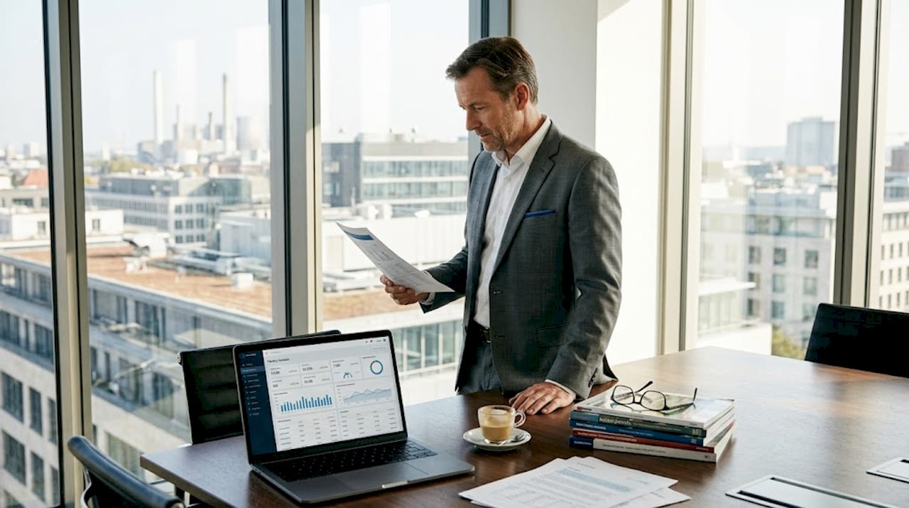 Executive in office reviewing smart operations dashboard