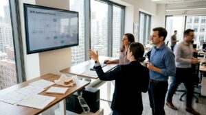 Team collaborating on workflow automation in office