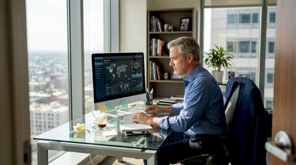 Executive reviews digital security dashboard at desk