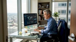 Executive reviews digital security dashboard at desk