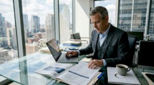 Executive reviews transformation checklist at desk