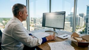 IT manager checking cloud security dashboard