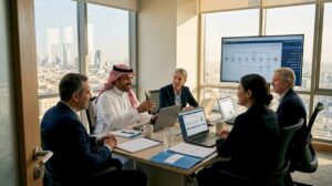 Saudi business team collaborating with ERP dashboard