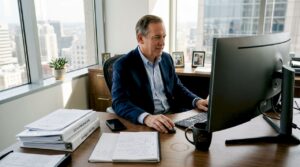 Executive reviewing service integration spreadsheet