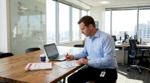 Manager reviewing flowcharts in corner office