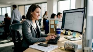 Manager working on CRM system in office