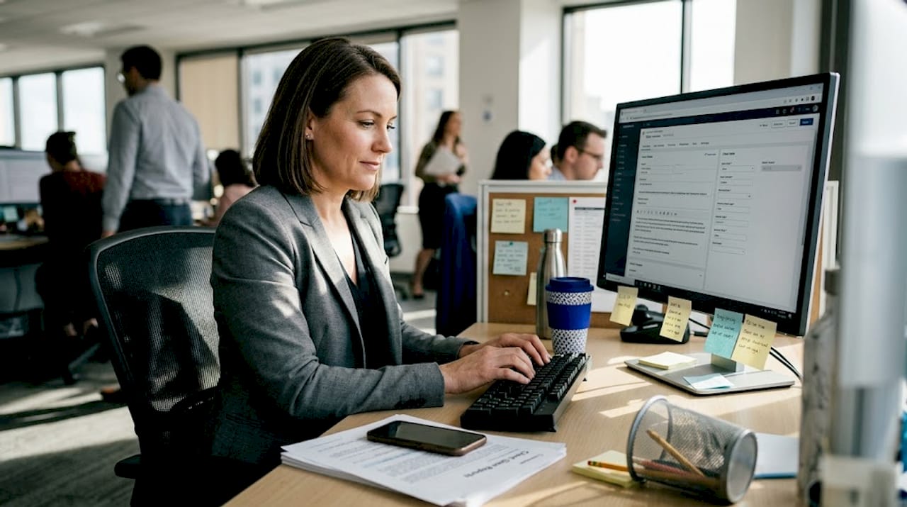 Manager working on CRM system in office