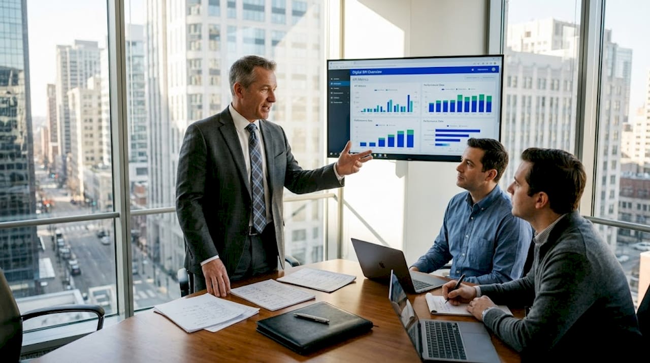 Executive reviewing digital KPIs with team