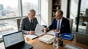 Executives reviewing business-IT compliance checklist