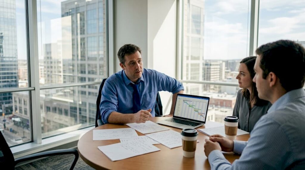 Project team discussing support services strategy