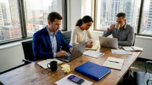 Business team using automation in bright office