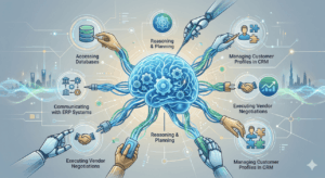رسم بياني مجرد يوضح بنية الذكاء الاصطناعي الوكيل وتكاملها المستقل مع الأنظمة المؤسسية