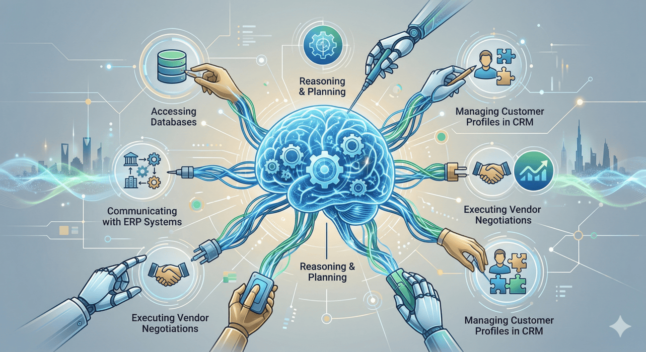 رسم بياني مجرد يوضح بنية الذكاء الاصطناعي الوكيل وتكاملها المستقل مع الأنظمة المؤسسية