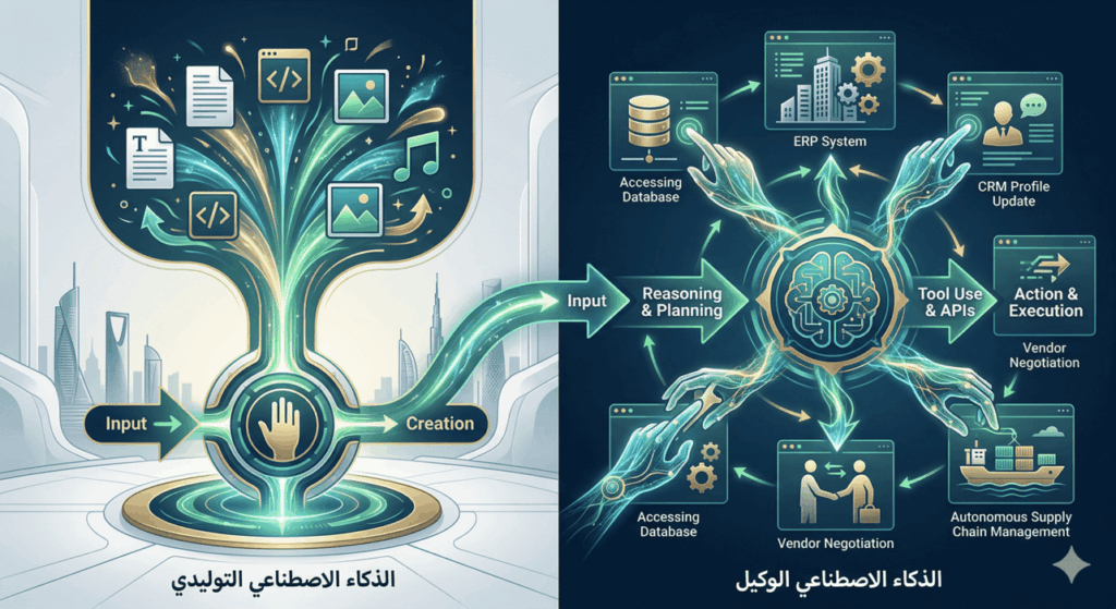 رسم بياني مجرد يقارن بين قدرات توليد المحتوى من المدخلات للذكاء الاصطناعي التوليدي، وبين قدرات التنفيذ المستقل والتعلم من التفاعل للذكاء الاصطناعي الوكيل عبر APIs.
