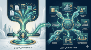 رسم بياني مجرد يقارن بين قدرات توليد المحتوى من المدخلات للذكاء الاصطناعي التوليدي، وبين قدرات التنفيذ المستقل والتعلم من التفاعل للذكاء الاصطناعي الوكيل عبر APIs.