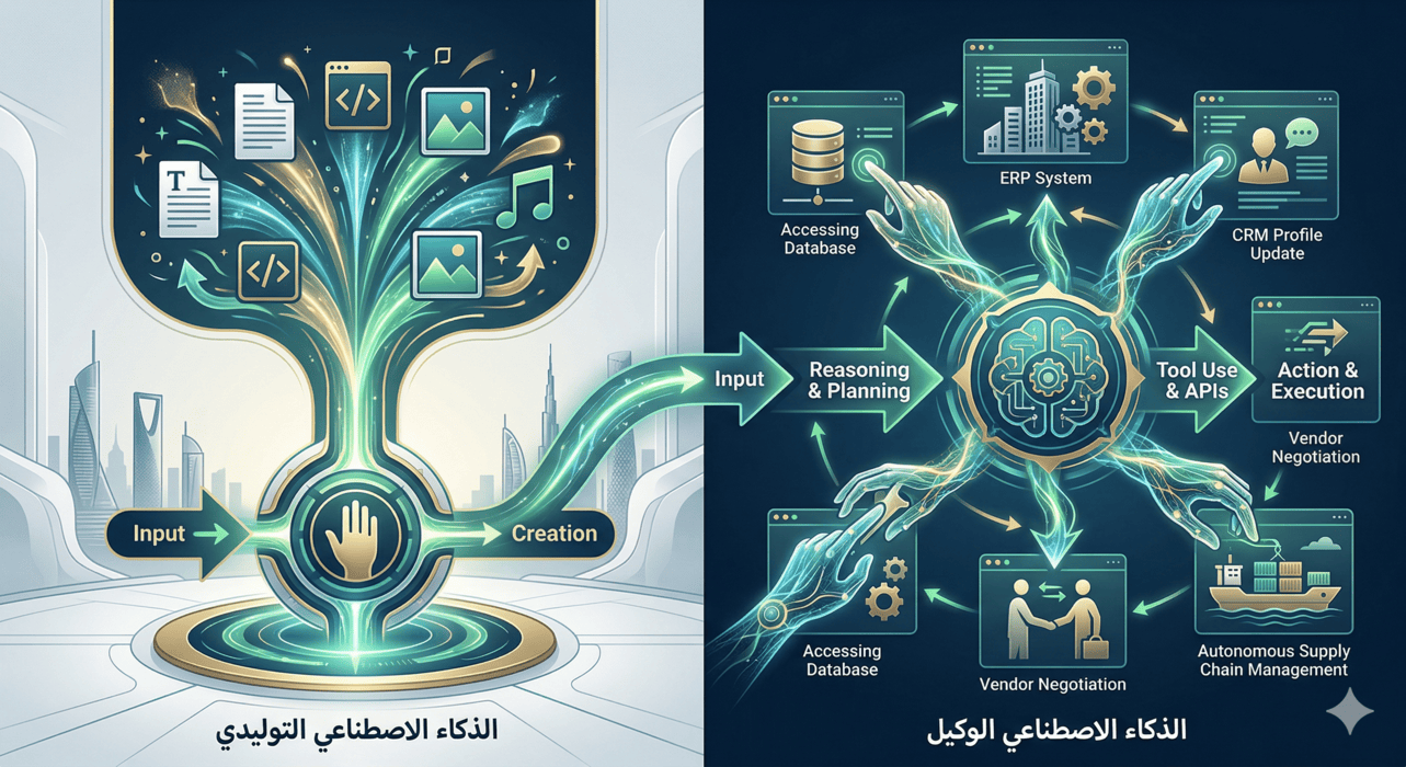 رسم بياني مجرد يقارن بين قدرات توليد المحتوى من المدخلات للذكاء الاصطناعي التوليدي، وبين قدرات التنفيذ المستقل والتعلم من التفاعل للذكاء الاصطناعي الوكيل عبر APIs.