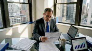 CFO reviewing ROI report in office