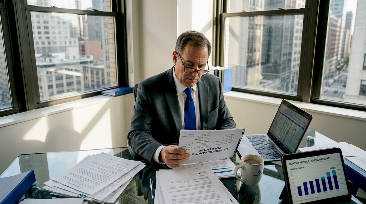 CFO reviewing ROI report in office
