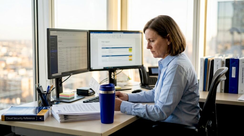 IT manager reviewing risk report in office