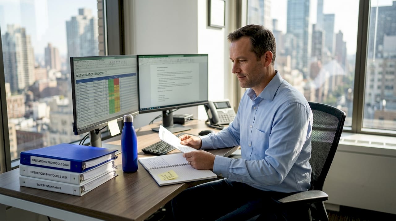 Manager reviewing business continuity spreadsheet