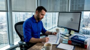 IT manager reviewing compliance steps in office