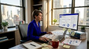 Executive reviewing BPM dashboard in office