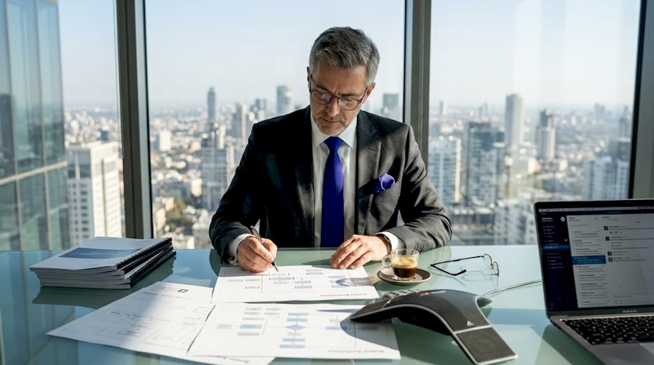 Business leader reviewing integration architecture documents