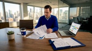 Compliance manager reviewing BPM documents in office