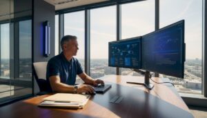 IT manager reviewing hybrid automation diagrams