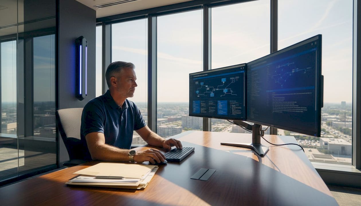 IT manager reviewing hybrid automation diagrams