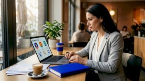 Analyst reviews customer profiles at desk