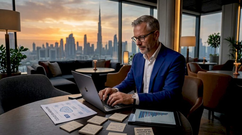 CIO working on cloud strategy in conference room
