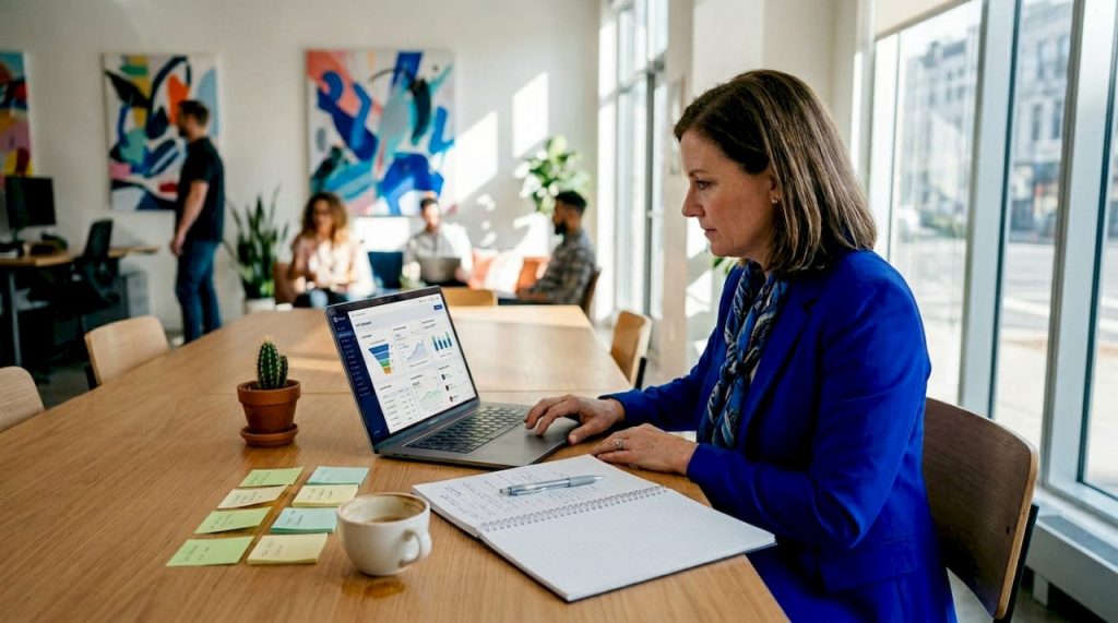Business analyst using crm platform in modern office