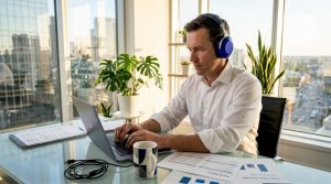 Executive working on IT strategy in office