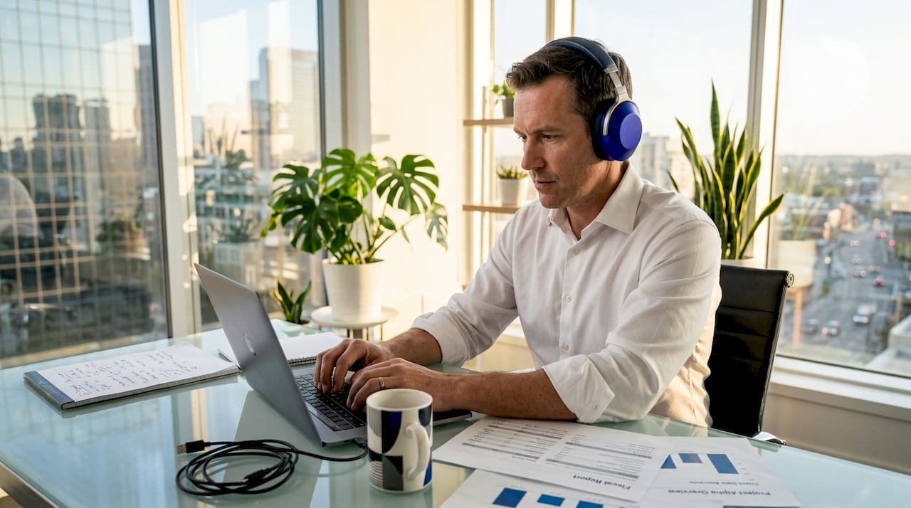 Executive working on IT strategy in office