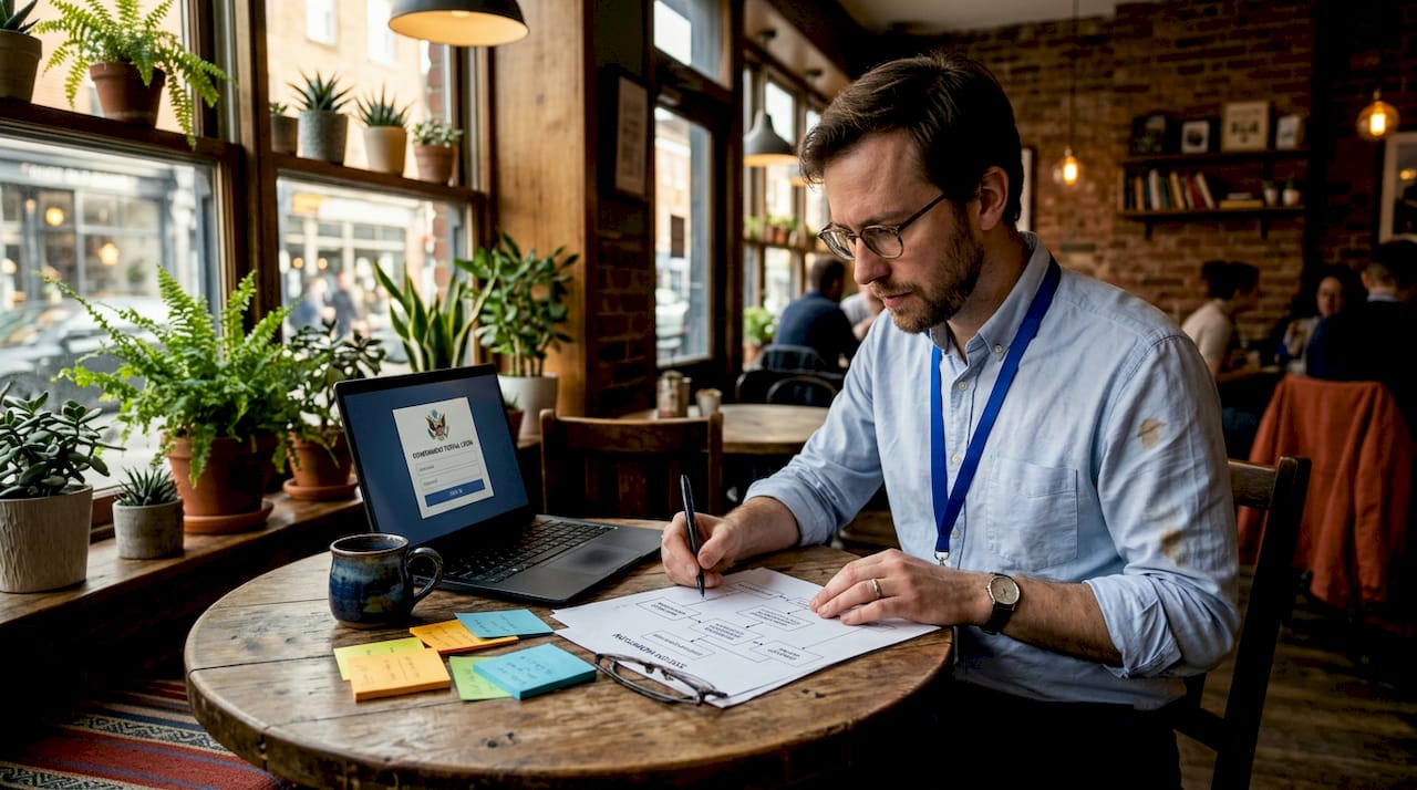 Government IT analyst reviewing digital process workflow
