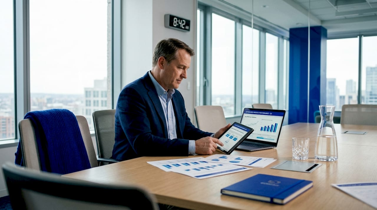 Business executive reviewing automated workflow reports