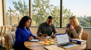 Project managers collaborating in office with city view