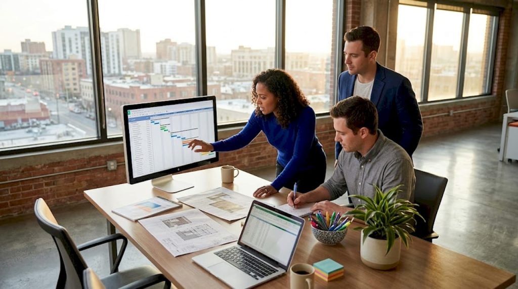 Team collaborating in a bright office on project management software