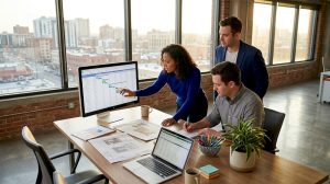 Team collaborating in a bright office on project management software