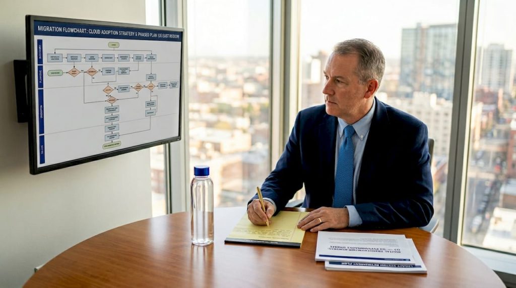 IT leader reviews cloud migration flowchart