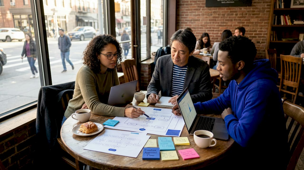 Team reviews printed approval workflow diagrams