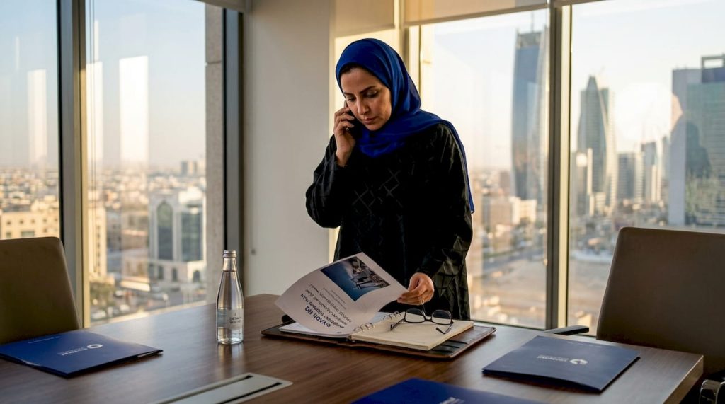 Gulf leader reviewing business continuity plan in office