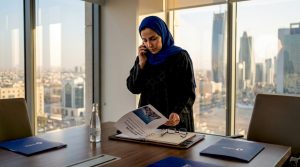 Gulf leader reviewing business continuity plan in office