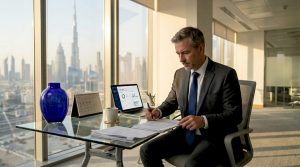 Executive reviewing data privacy compliance documents