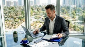Business leader entering CRM data in office