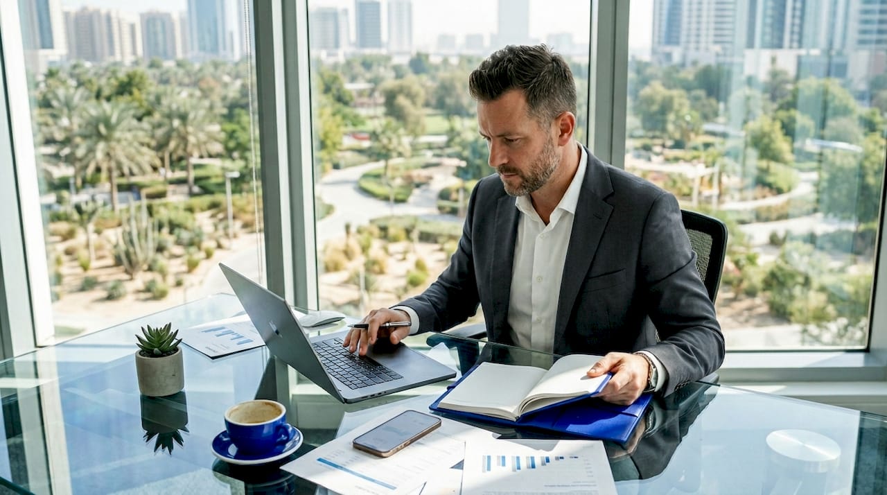 Business leader entering CRM data in office