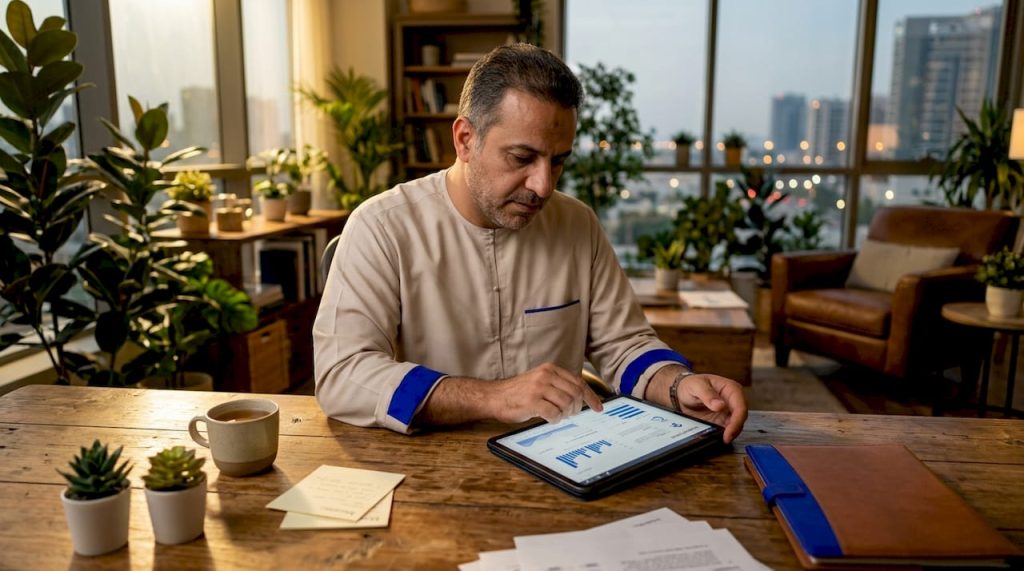 MENA business leader reviewing integration reports in office