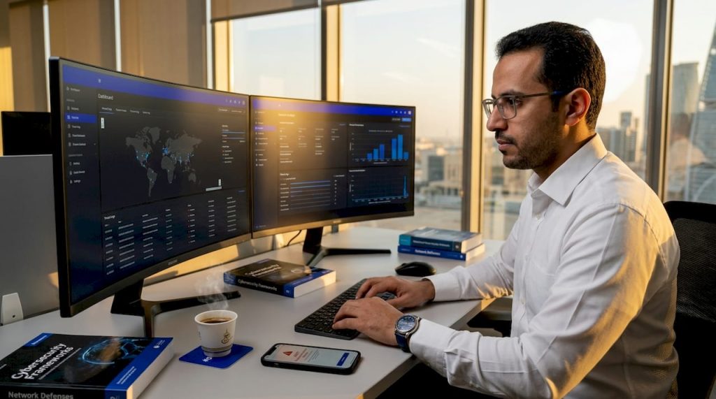 IT professional monitoring security dashboards